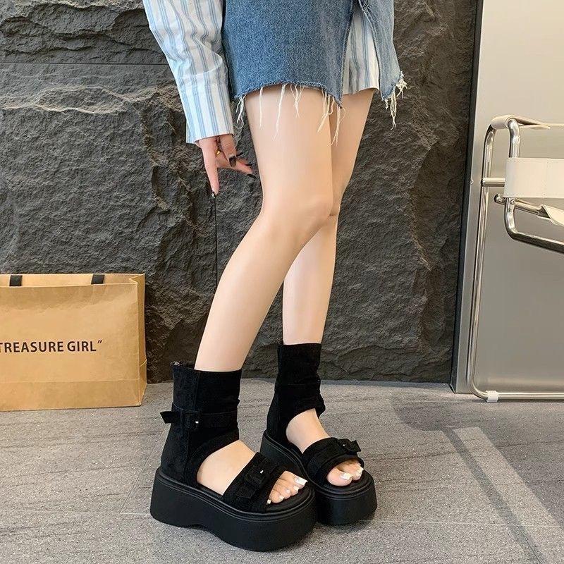 Retro Thick-soled Roman Cool Boots Summer New Cover-toed High-top Sandals Heightening Rear Zipper Short Boots
