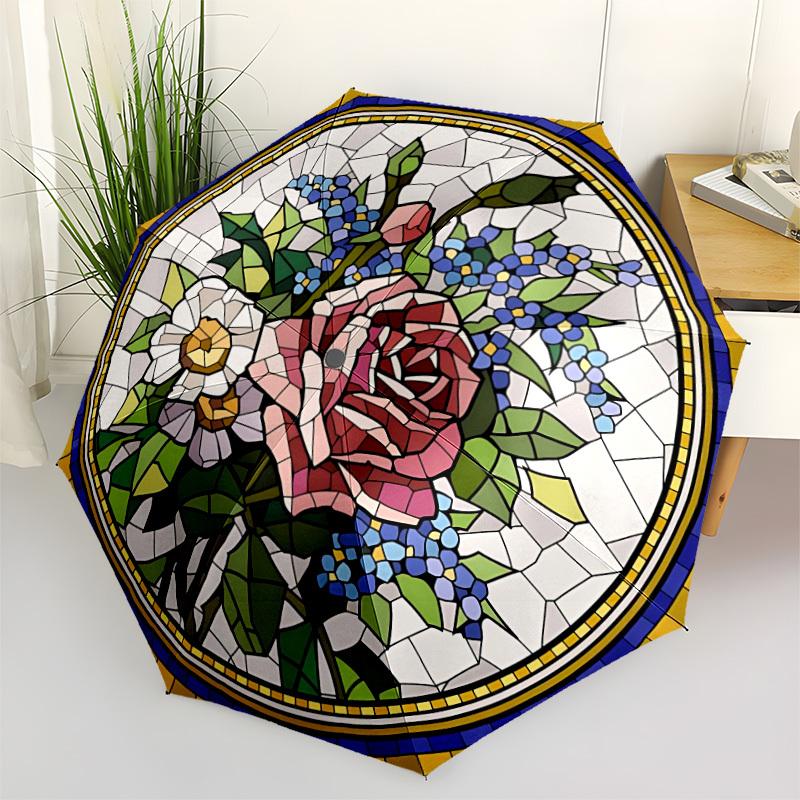 

1pc Floral Mosaic Design Automatic Folding Umbrella - Portable Collapsible Design, 8-Rib Iron Frame, Durable Fabric yy251125136