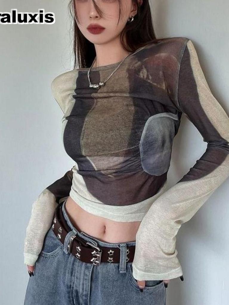 Frühherbst Kurzarm Sonnenschutz Basis-T-Shirt Bunt Batik Temperamentvoll Elegant Rundhals Schlankes Netz Damen Top