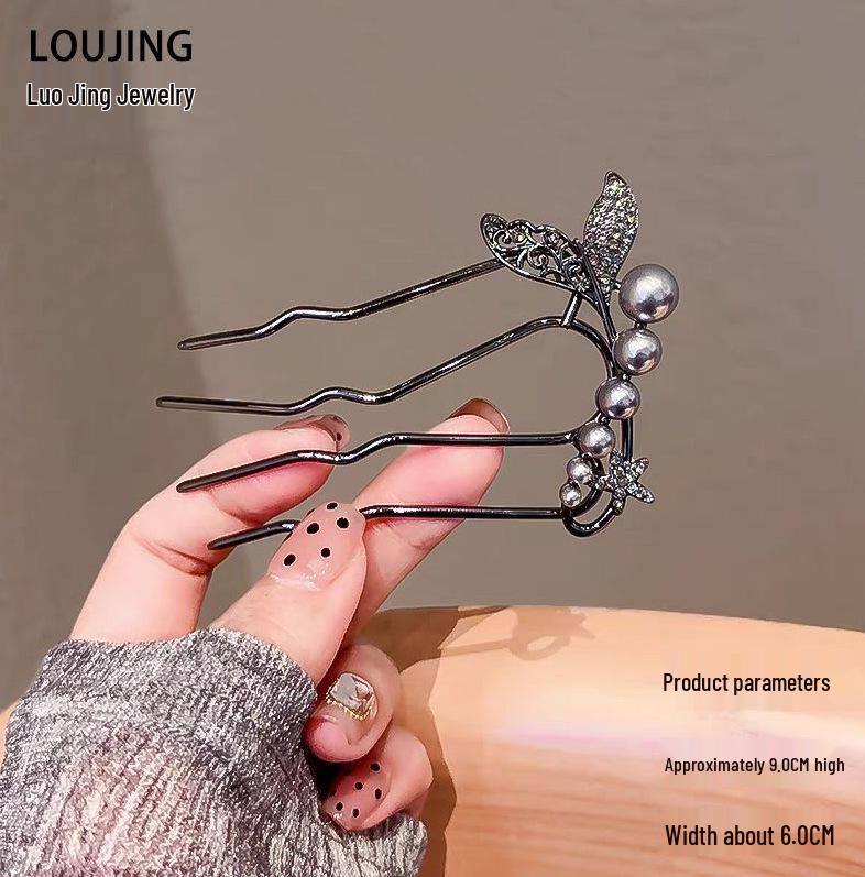 Épingle à cheveux vintage en forme de U avec pompon paon pour femmes - Épingle à chignon nacrée pour Cheongsam et Hanfu