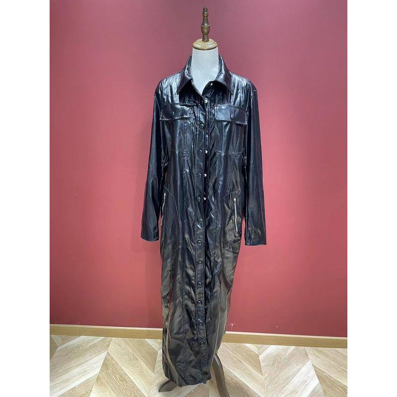 

Fashion Nove Maillard Color Fashion Mid-Length Western Style Motorcycle PU Leather Coat Female Leather Trench Coat Black 2XL