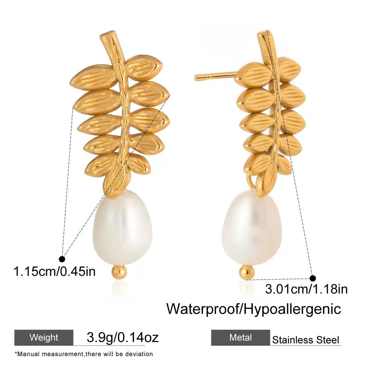 

Unusual Genuine Freshwater Pearl Metallic Leaves Drop Earrings for Women Non Tarnish 18K Gold PVD Plated Titanium Steel