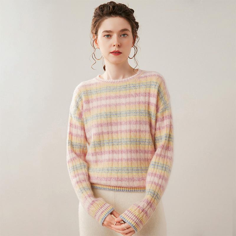 Damen-Farbblock-Kaschmirpullover - Herbst/Winter 2025: Dick, Locker, Rundhals, Zopfmuster, Schlankmachend, Lässiger Stil