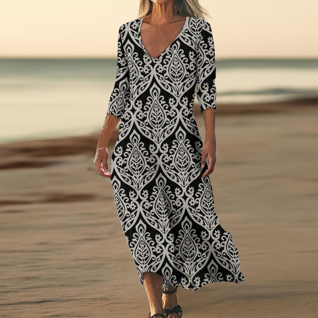 Dresses For Womens Vintage Print Tunic Waisted Midi Dress Summer Casual  3/4 Sleeve Dress