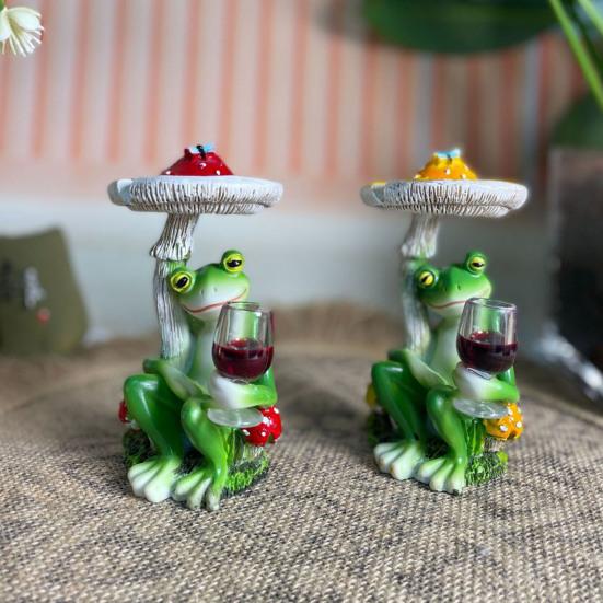 Cartoon Mushroom Sitting Frog Statue Holding Wine Glass Drinking Frog Figurine Resin Animal Sculpture Indoor Outdoor Garden Yarn Decoration Ornament