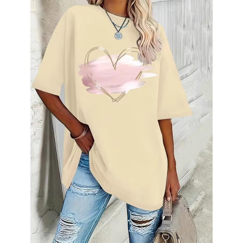 

Женская футболка большого размера, новая, розовая, с элегантным 3D-принтом в форме сердца, весенне-летняя, повседневная, с круглым вырезом и коротким рукавом XS