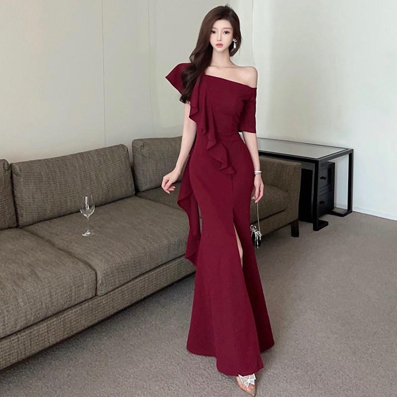 

Premium evening dress sexy one-word shoulder cover belly thin dress temperament niche banquet long skirt XL бордовий