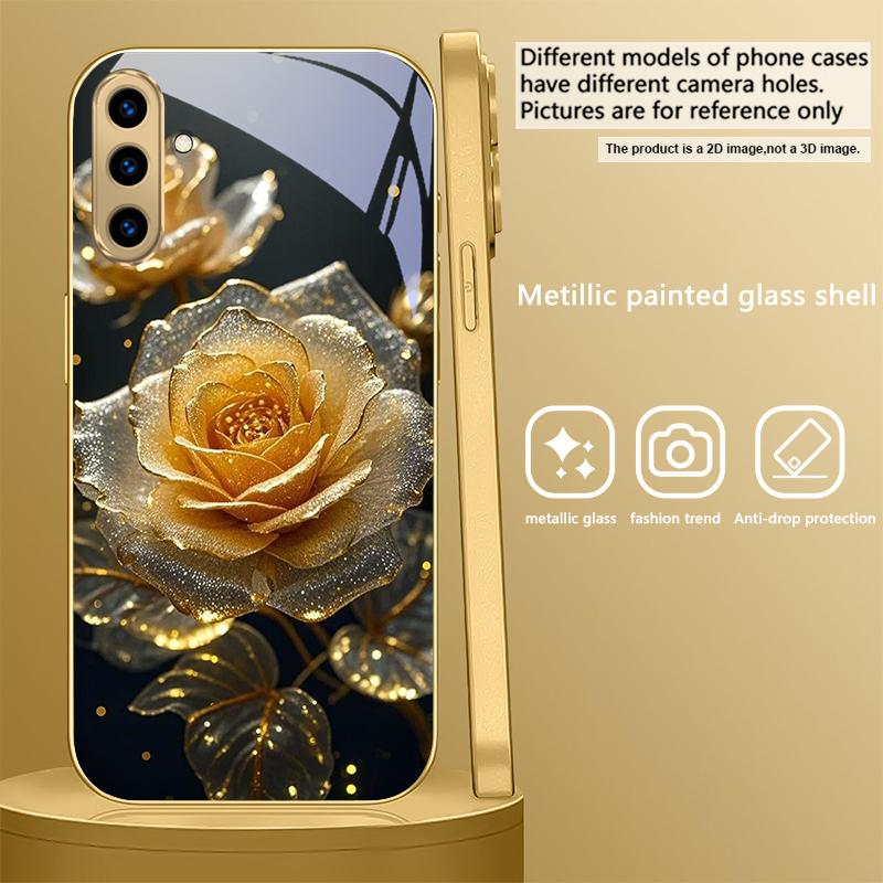 Elegant Golden Rose For Samsung A 31 32 A33 A34 35 14 A15 13 A16 25 26 50 52 53 54 55 56 70 71 72 73 Golden Glass Phone Case