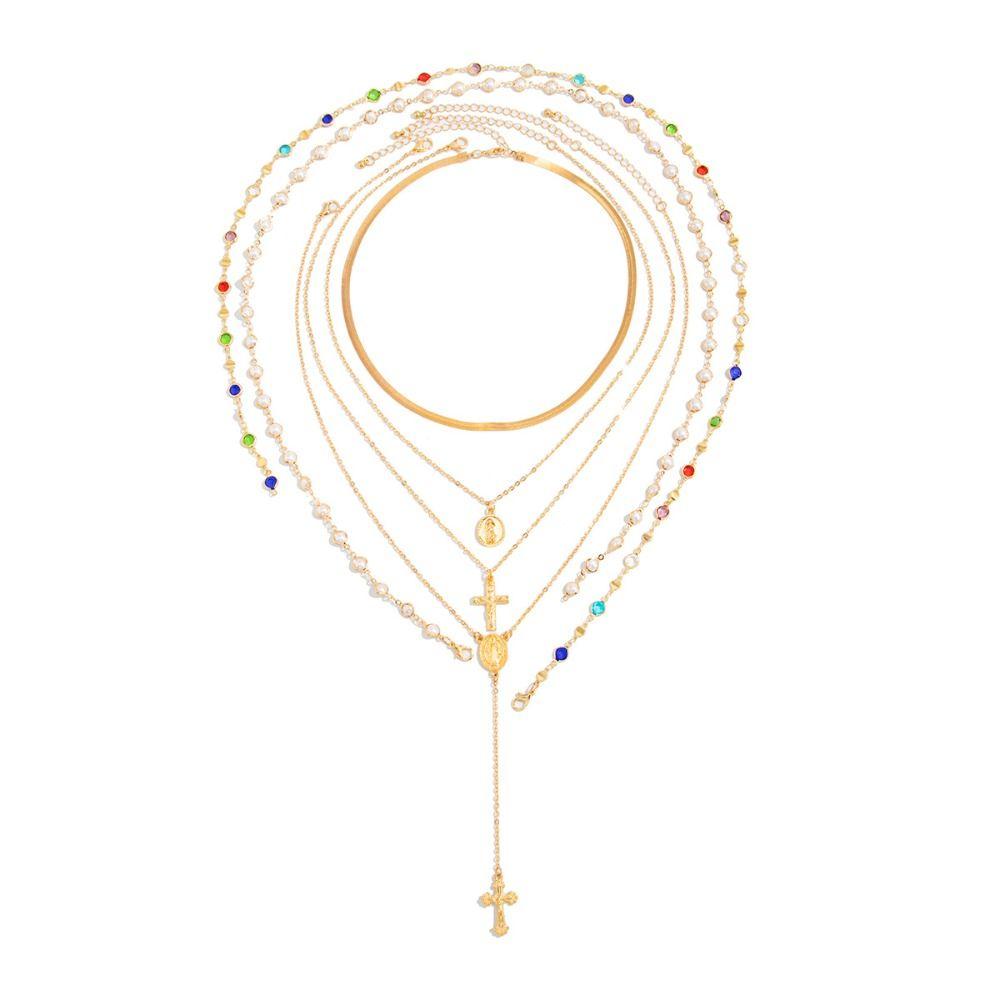 Trendy Y-Shaped Colorful Crystal Necklace Set Cross Conch Colored Rhinestone Necklace Colorful Layered Gold Jewelry Vacation