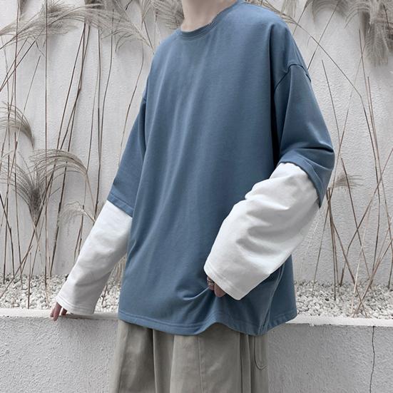 Men Autumn Tops Fake Two-pieced Color Block Pullover Contrast Colors Round Neck Loose Young Style Casual Crew Neck Spring Tops Men Clothes