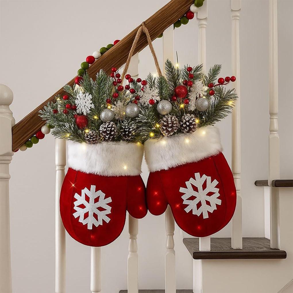 Twinkling Christmas Mitten Wreath Front Door Artificial Garland Window Door Gate Decoration Door Sign Xmas Party Decoration
