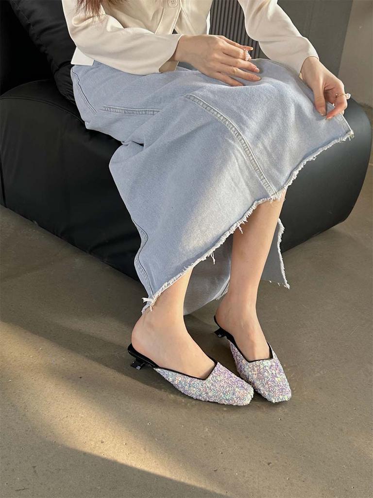 Fashion Square Toe Women Slides Slippers Summer Outside Dress Shoes Black Silver 2024 New Arrivals Party Thin Low Heels Sequined Cloth