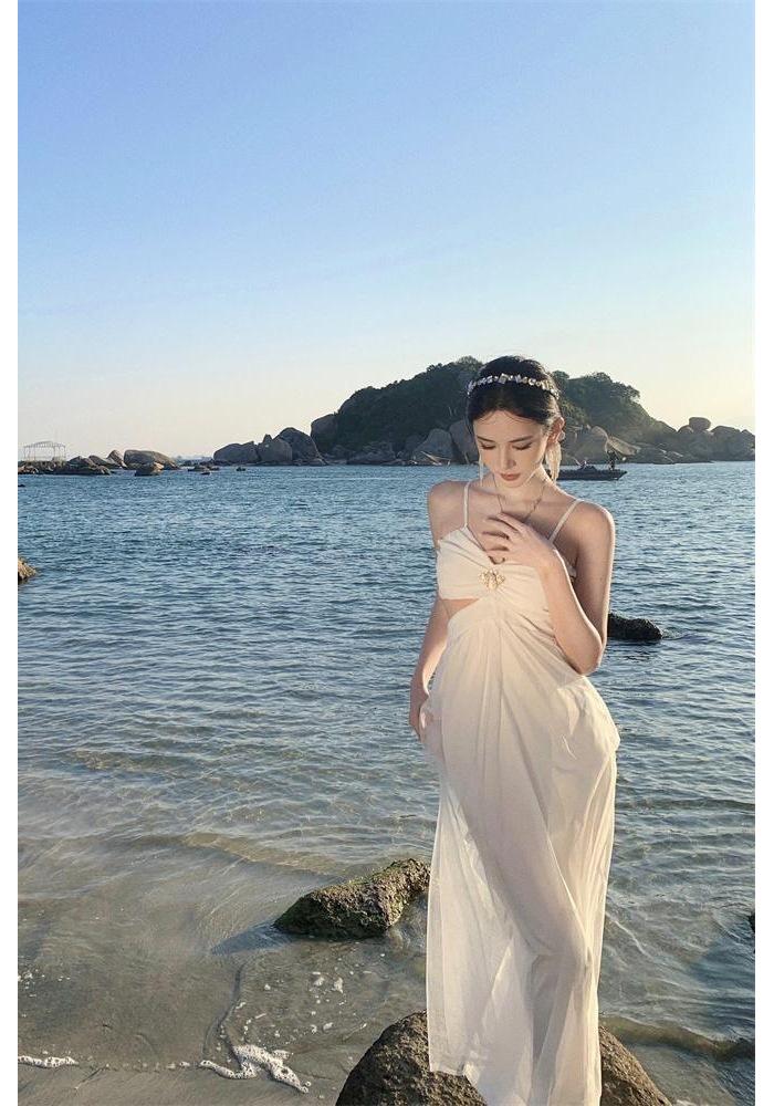 French sexy pure desire wind mesh fairy gas hollow suspender gauze skirt high-end temperament dress white chiffon other