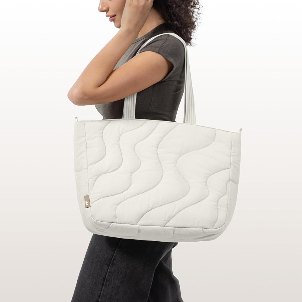 tomtoc Fluffy Tote Bag, Large Capacity, Lightweight Shoulder Bag, Fits 15-16 Inch MacBook, A4 Size, Soft Quilted Bag, Shoulder Bag, Water Repellent,