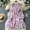 French romantic style V-neck floral dress for women's spring and autumn long-sleeved high-waisted lace-up and thin temperament A-shaped skirt