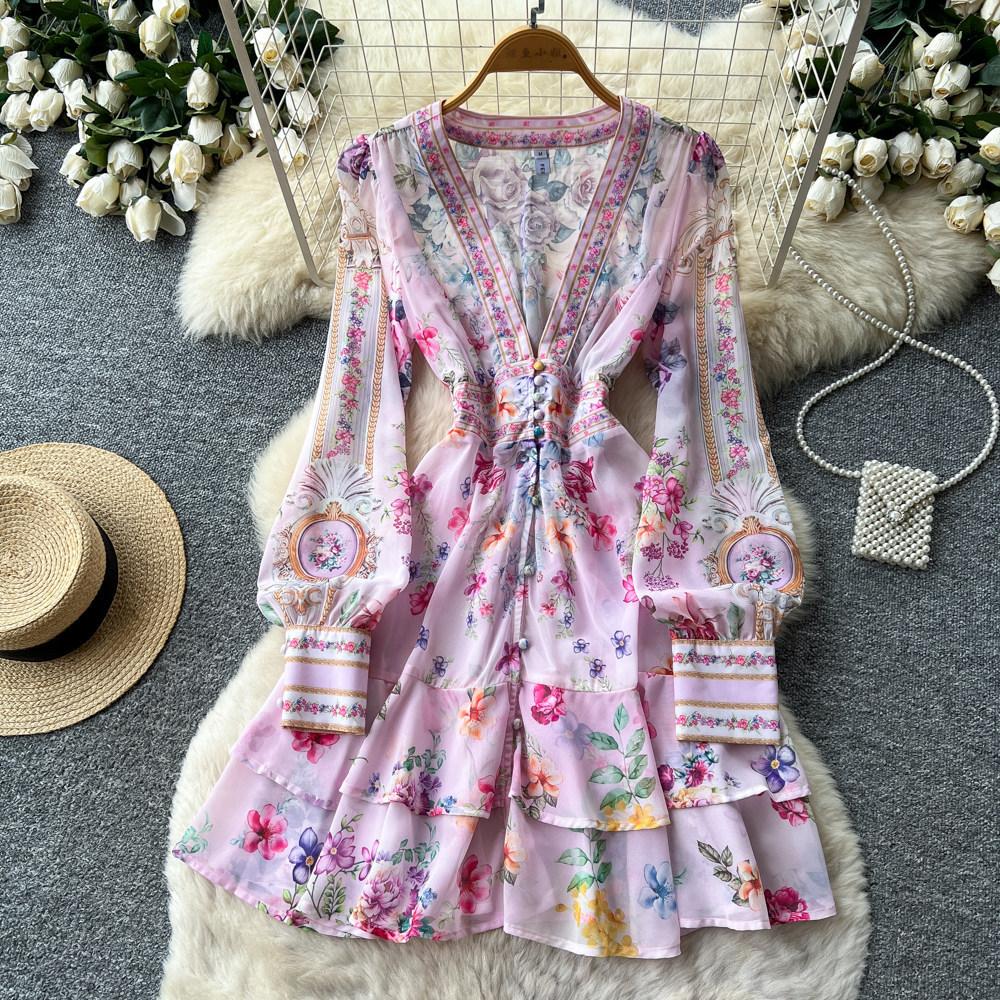 French romantic style V-neck floral dress for women's spring and autumn long-sleeved high-waisted lace-up and thin temperament A-shaped skirt