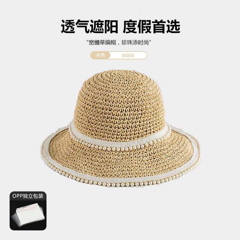 Pearl straw hat summer travel sunscreen sunshade bucket hat new straw seaside vacation net red hat