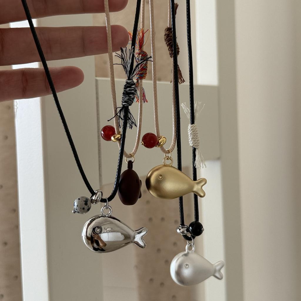 Korean Fashion Simple Cute Small Fish Pendant Necklace for Women Long Braided Rope Adjustable Sweater Chain Party Jewerly Gift