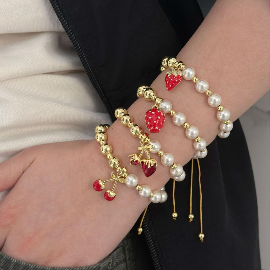 Hot-Selling Mother'S Day Beaded Cherry Bracelet Pearl Bracelet Niche Personality Dripping Oil Strawberry Round Bead Jewelry