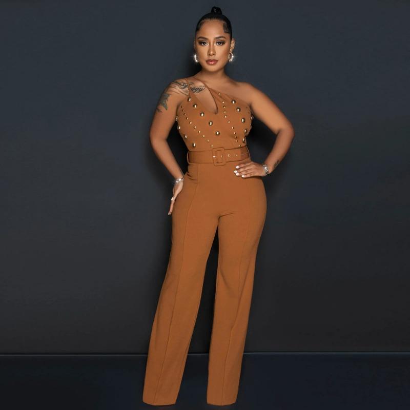 Women's New Fashion Solid Colour Jumpsuit Slim One-shoulder Wide-legged Trousers Models