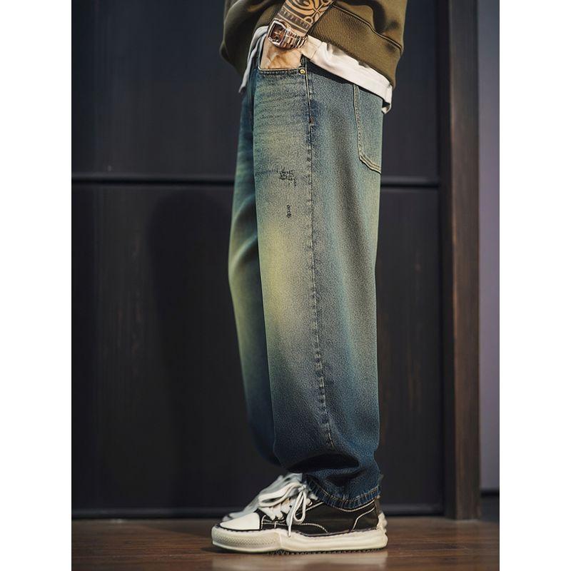 American Retro Washed Distressed Ripped Jeans for Men, Spring and Autumn Wide-Leg Loose Pants, Foreign Trade Men's Casual Long Pants