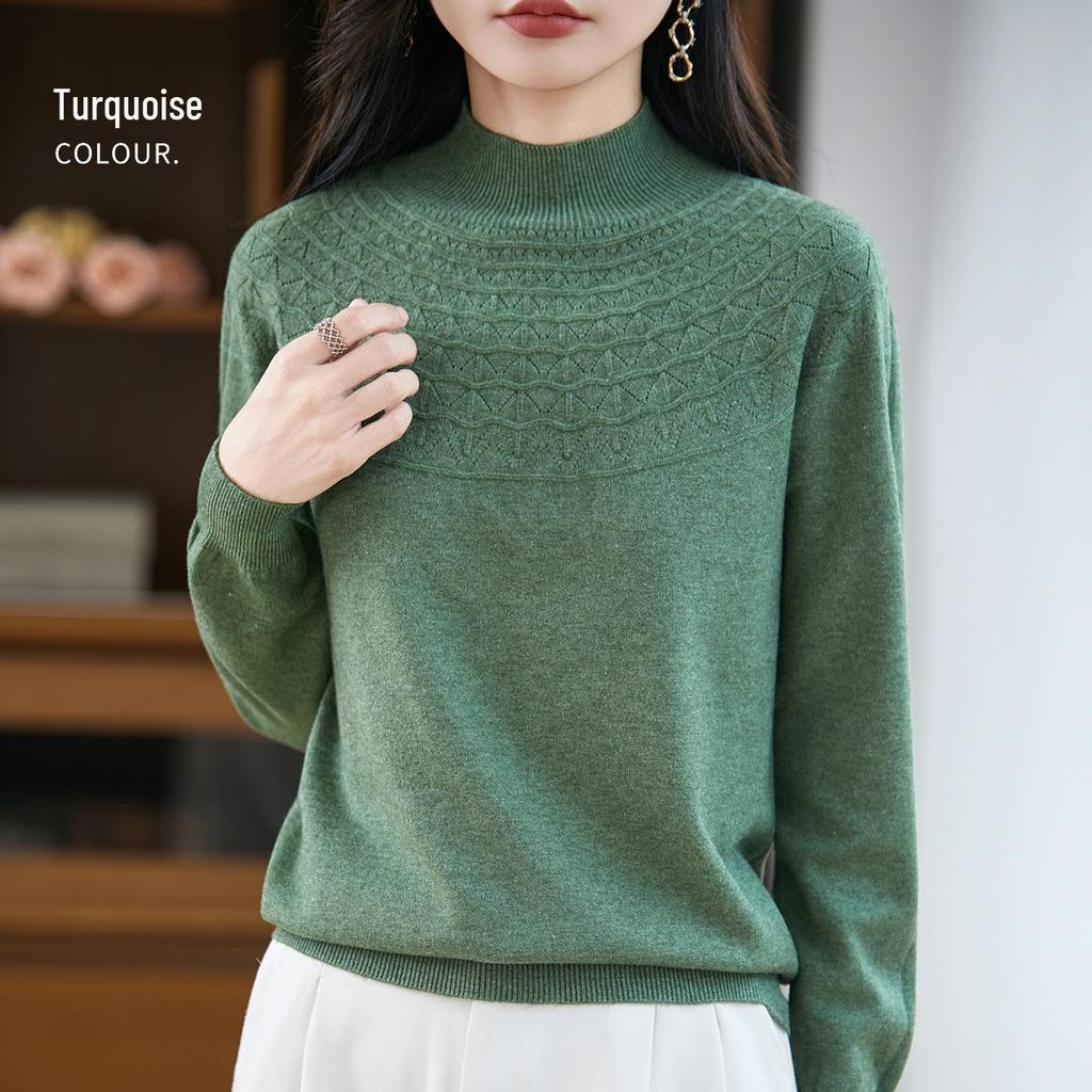 Women's Seamless Half-Openwork Knit Sweater - 2025 Autumn/Winter Collection, One-Piece Base Layer with Half-High Collar