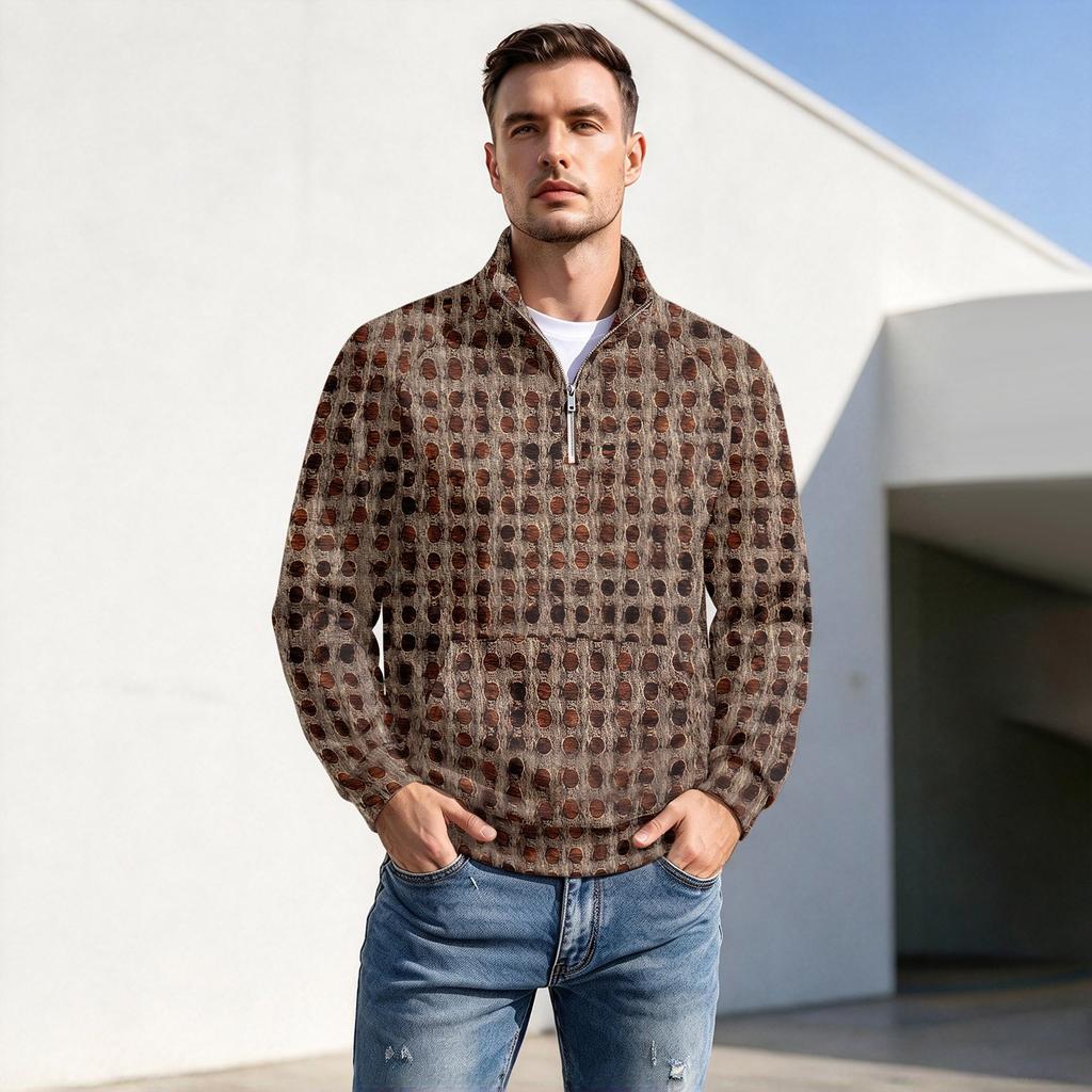 Men's Fall Winter Polka Dot Print Zip Pullover with Stand Collar, Casual Wrinkle- Athletic Top