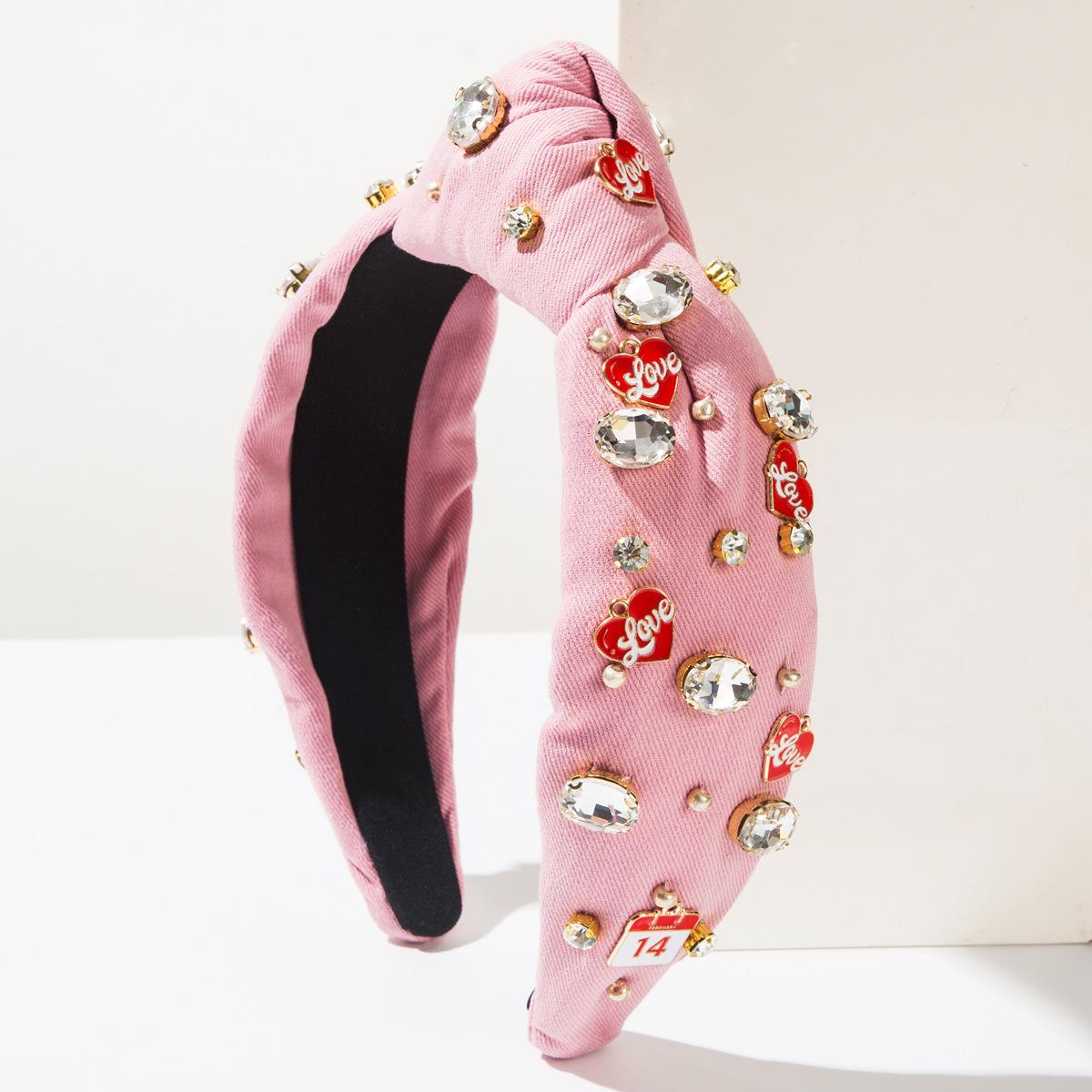 New Creative Sweet Knotted Wide-Edge Headband Women Alloy Heart LOVE Letter Accessory Diamond-Encrusted Hairpiece High