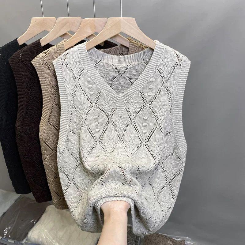 Dámská pletená vesta s výstřihem do V a průstřihy, módní všestranný kardigan, svrchní oděv, stylový tenký top gilet