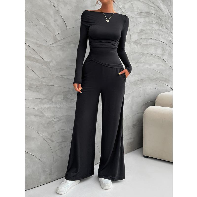 Autumn and Winter Women's Clothing Y2K Slim Long Sleeve Top Wide-leg Trousers Set