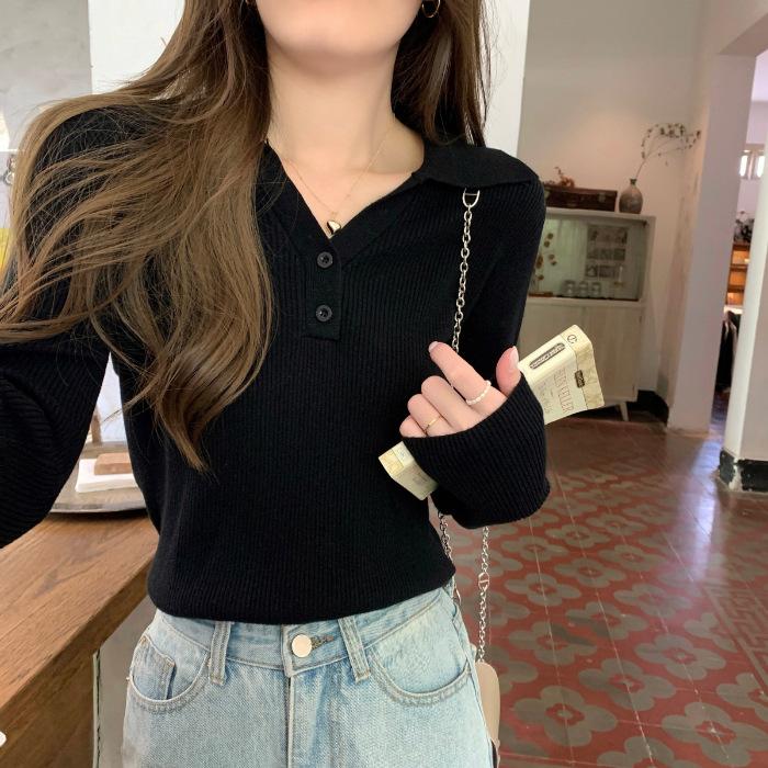 White knitted sweater women s autumn and winter new polo collar button casual long-sleeved short sweater One Size
