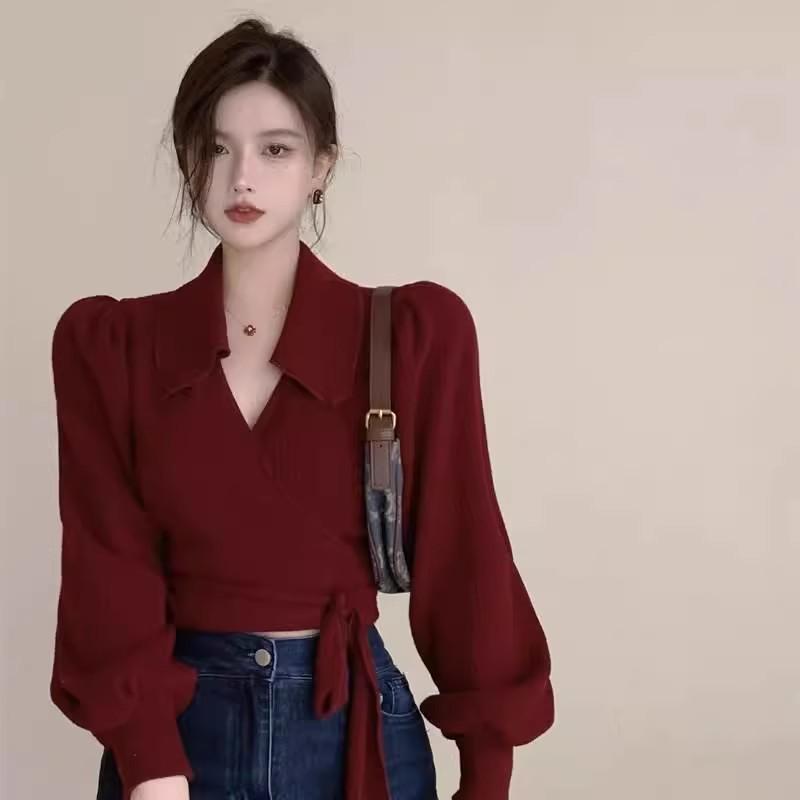 Women's Plus Size Burgundy Bubble Sleeve Polo Neck Base Layer Top