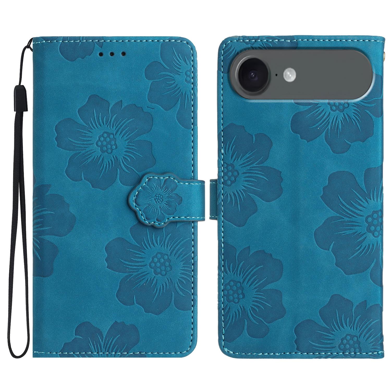 

For iPhone 17 Air Case Flower Design Leather Wallet Phone Cover with Wrist Strap Blue