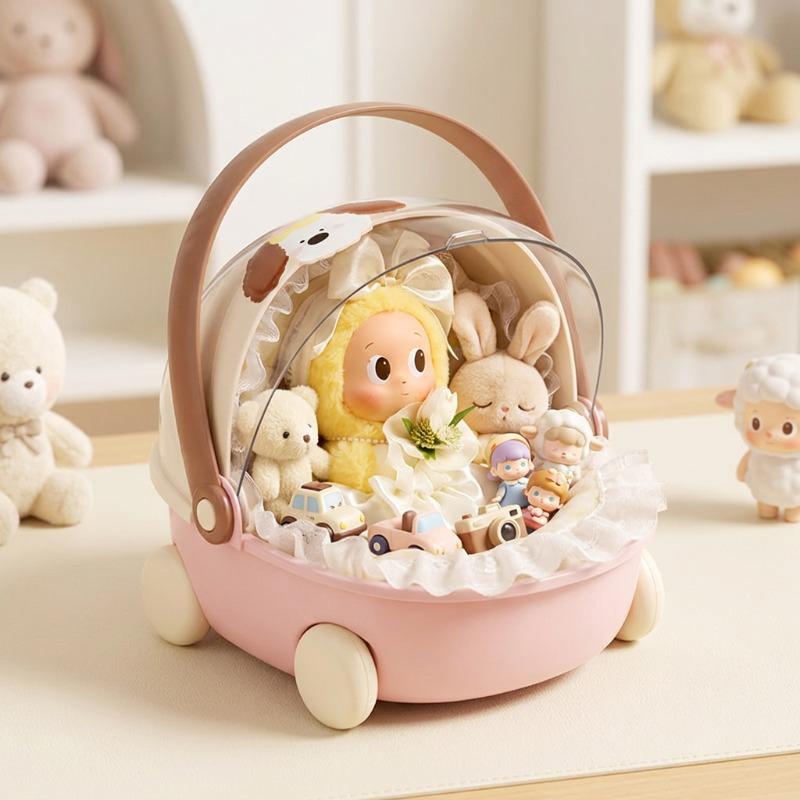 Cute Cradle Stroller Storage Box for Doll Toy Organizer box with Flip Lid Dustproof Portable Desktop Multi Use Storage Container