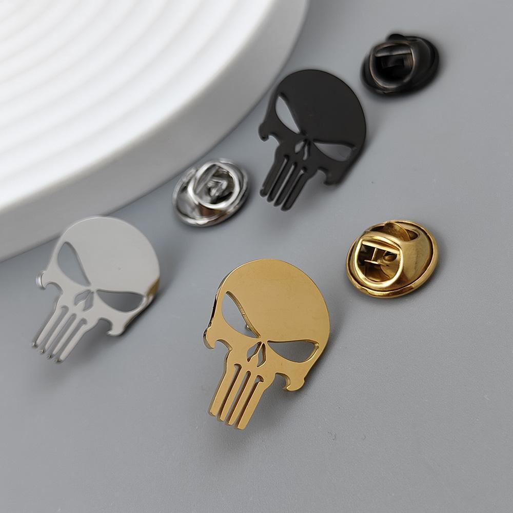 Punisher Skull Gold-plated Badge, Suit Lapel Pin Stainless Steel Black, Anti-exposure Buttons for Women, Brooch for Men