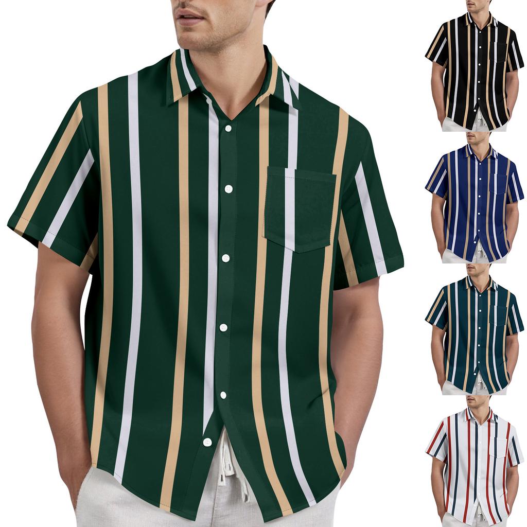 Striped Color Blocking Print - Men's Casual Short Sleeved Shirt