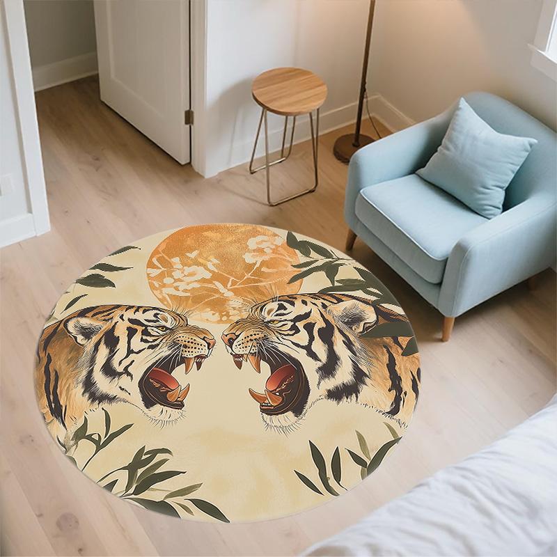 Leaf Tiger,Round Area Rug,Carpet Rug for Living Room Bedroom Sofa Playroom Decor,Non-slip Floor Mat