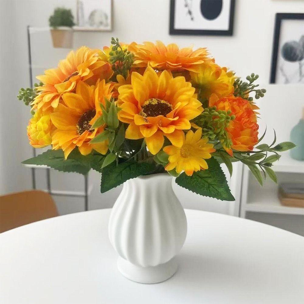 Multicolor Sunflower Artificial Flower Green Leaves Photo Props Faux Daisy Peony Flower DIY Accessories Simulation Sunflower