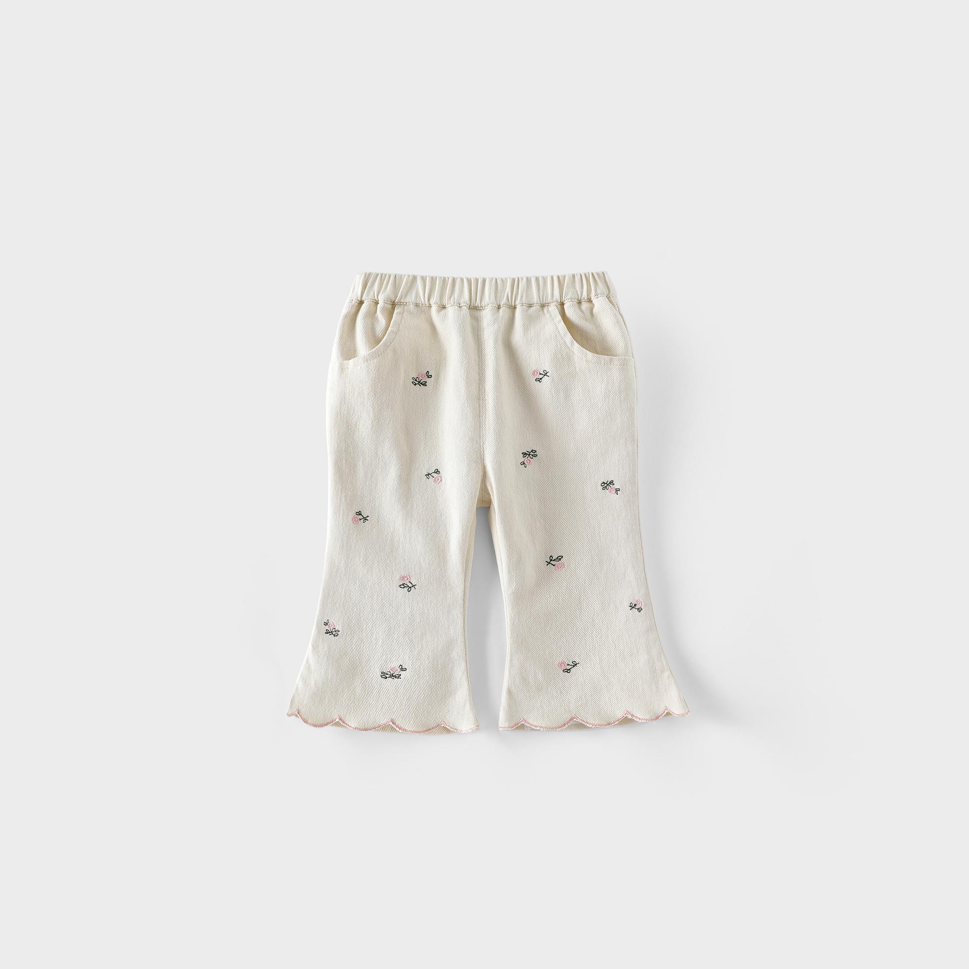 

Baby Girls Flare Pants Embroidered Korean Style Casual Trousers Autumn Fashion Ruffle Bottoms for Toddlers 120 бежевий
