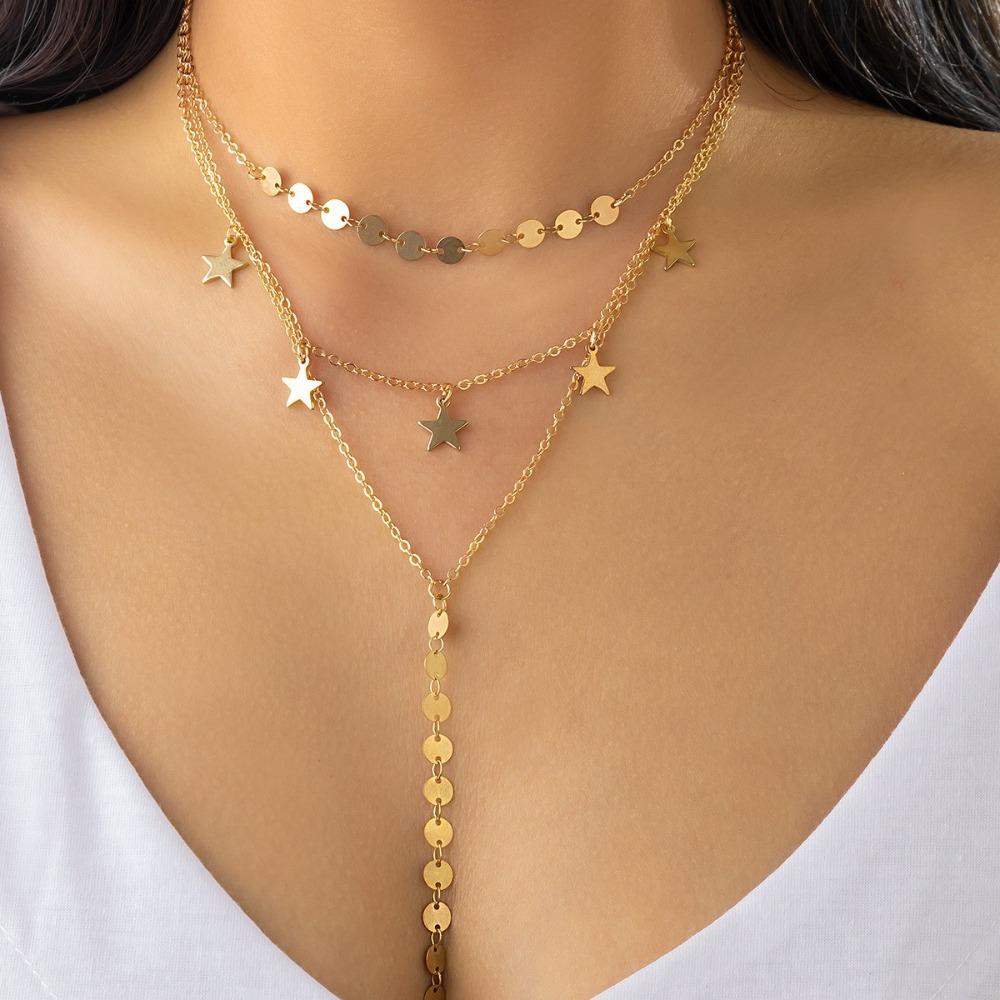 Trend Fashion Metal Sequins Fine Chain Hollow Pentacle Pendant Multi-layered Fold Wear Necklace for Women for Women Jewelry Gift