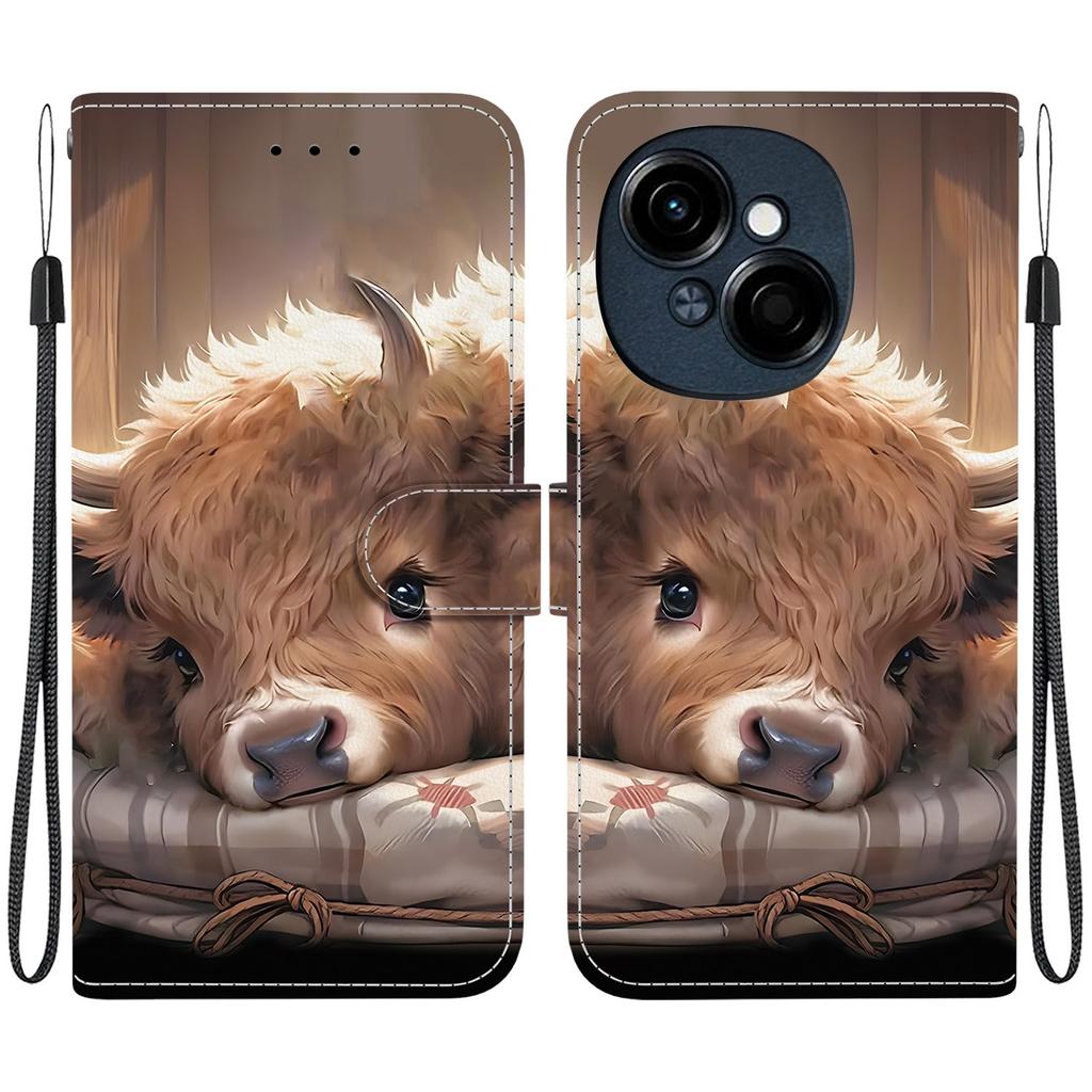 Handmade PU Leather Flip Case for Tecno Pop 9 Pro Anti-Slip Shockproof Cover with Wrist Strap & Heart/Rose Cat Designs