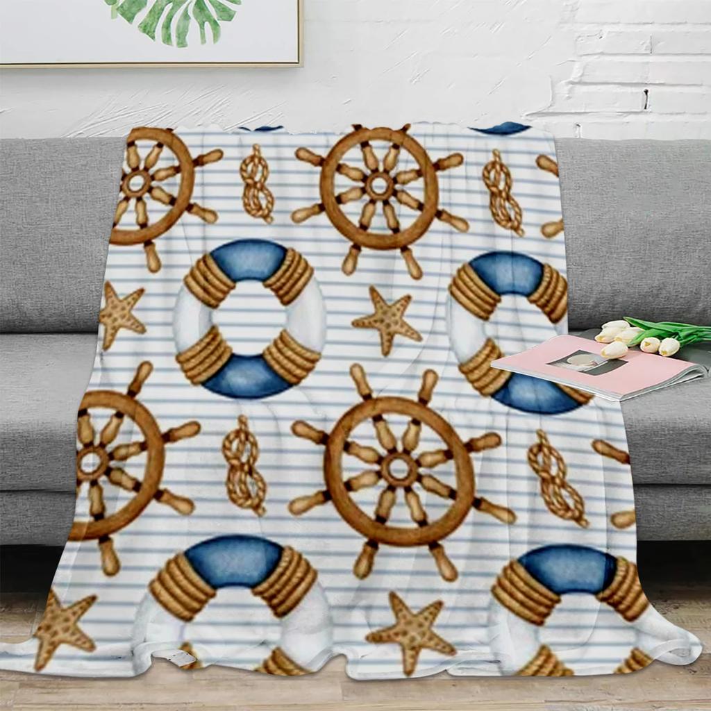 Nautical Blue Anchor Rudder Boat Fish Lighthouse Flannel Blanket Travel Picnic Blanket Portable Soft Bedspread Blankets for Beds