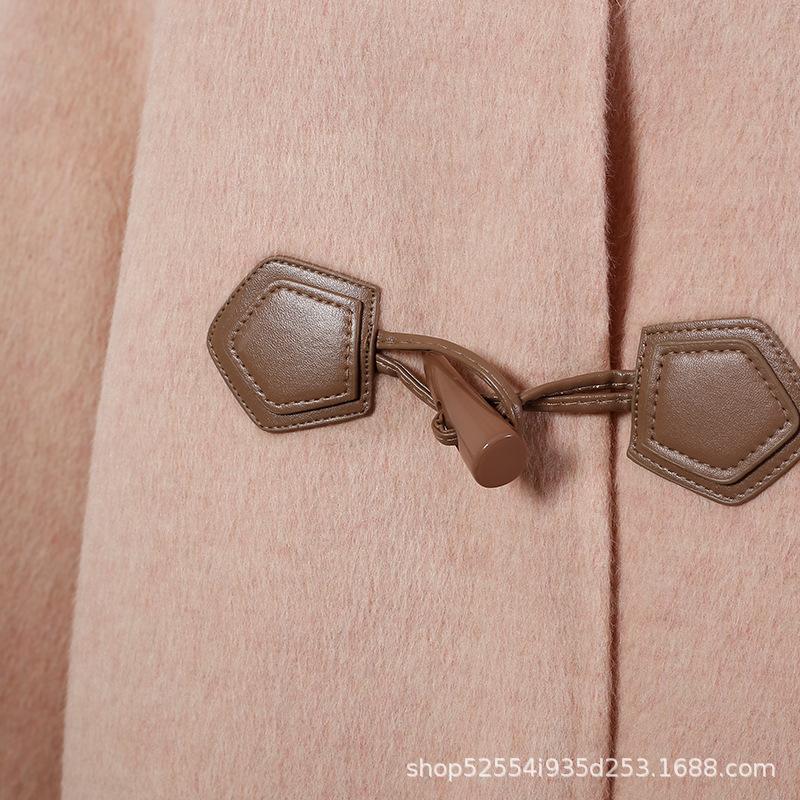 New Double-sided Cashmere Coat with Croissant Buckle Round Neck Medium and Long Woolen Coat Wool Coat Autumn and Winter