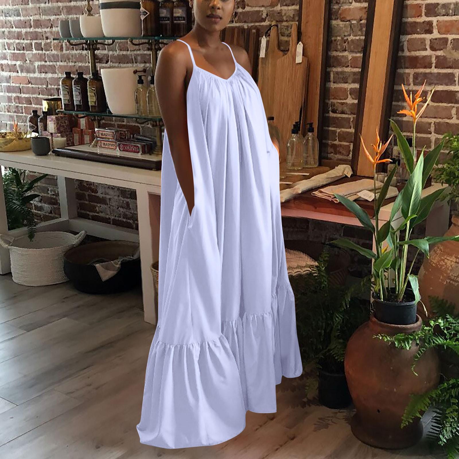 

Women Fashion Casual Strap Dress Pocket Loose Backless Big Swing Dress XXXL білий