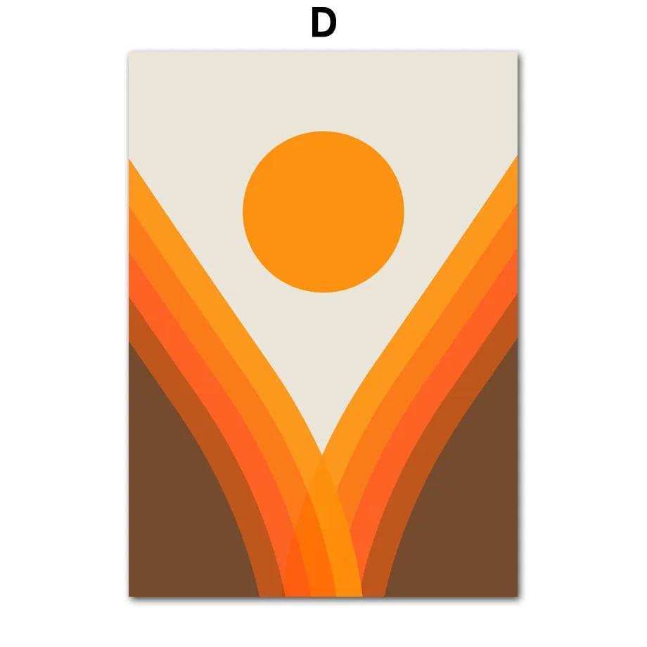Retro 70s Inspired Art Prints, Orange Lines, Flower, Sun, Abstract Shapes Poster, Canvas Painting, Wall Pictures, Living Room De