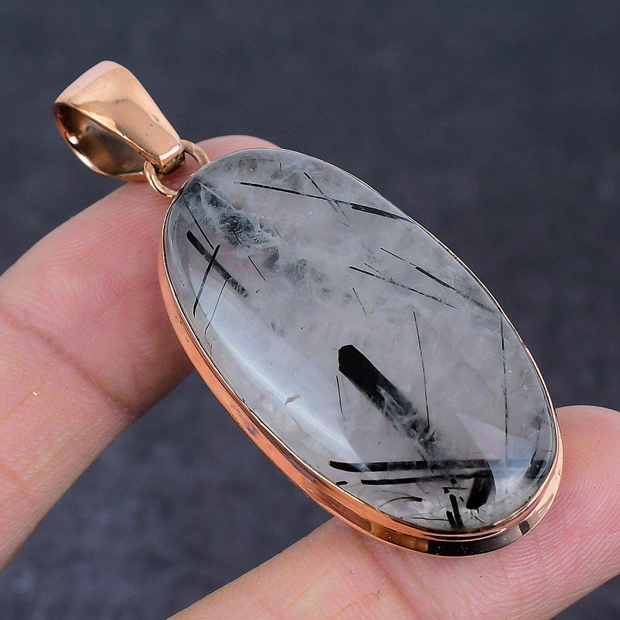 Black Rutile Gemstone Copper Jewelry Pendant 2.48"