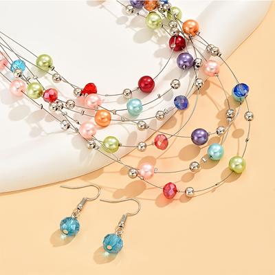 Colorful Multilayer Jewelry Set 1Set Imitation Pearl Beads Perfect Gift Necklace Necklace Earrings Bohemian Style For Women  Accessories