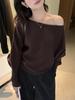 Khaki Off-Shoulder Knitted Sweater: Women's Early Autumn Versatile Style