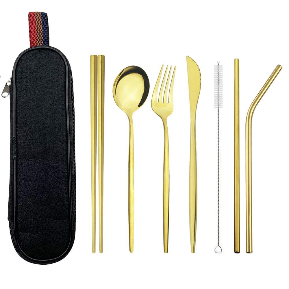 Silver Dinnerware Set Travel Cutlery Set Reusable Silverware Straw Spoons Forks Chopsticks Kitchen Accessory with Bag