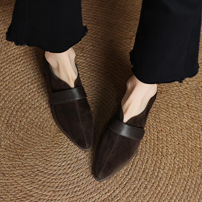 Mode NY Vår/Höst Dam Pumps Spetsig Tå Klumpig Klack Skor Får Mocka Läderskor för Kvinnor Slip-on Dam Loafers Svart Sko